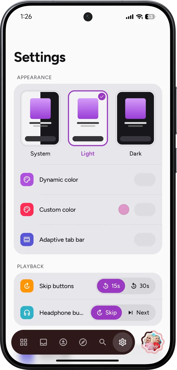 Settings, with light and dark themes and a custom color