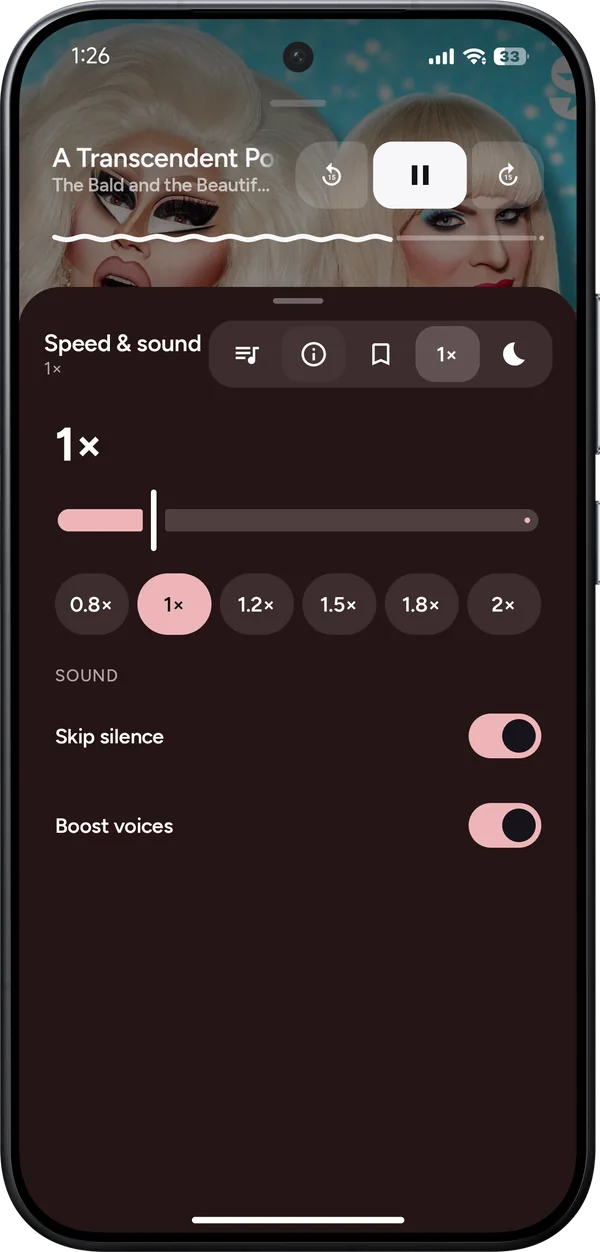The Speed and sound panel with Skip silence and Boost voices